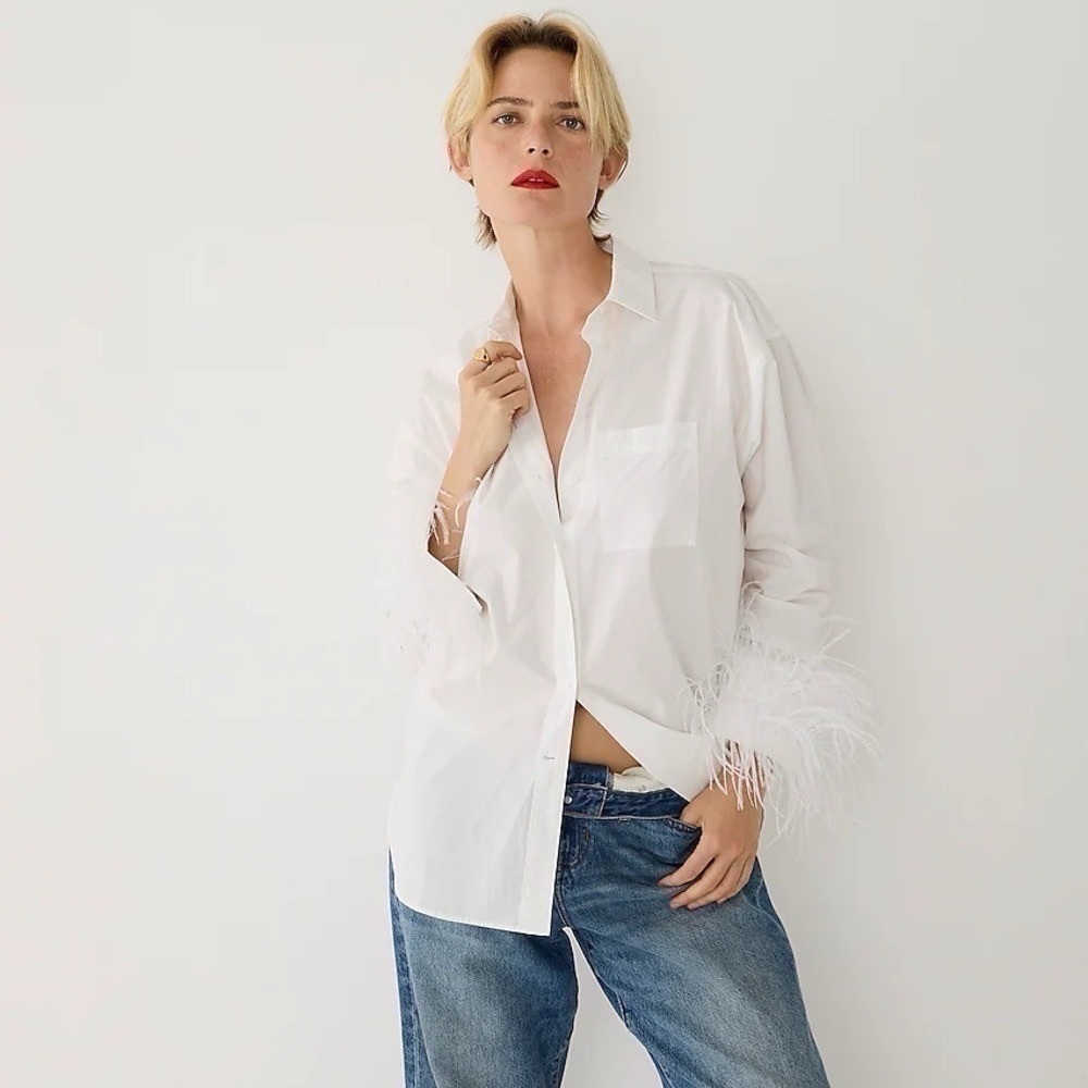 NEW J.Crew Feather Trim Cotton Poplin Button Up Shirt With Collar White